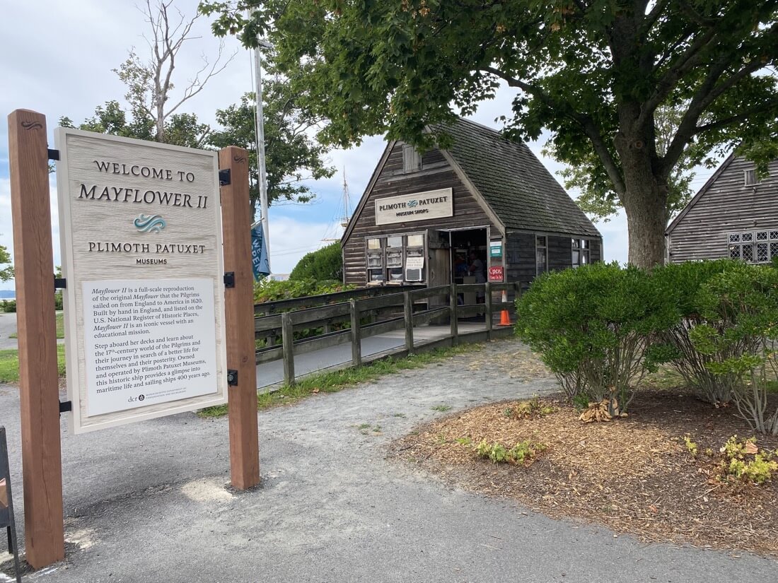 Sign for the Mayflower II at Plimoth Patuxet Museums in Plymouth Massachusetts