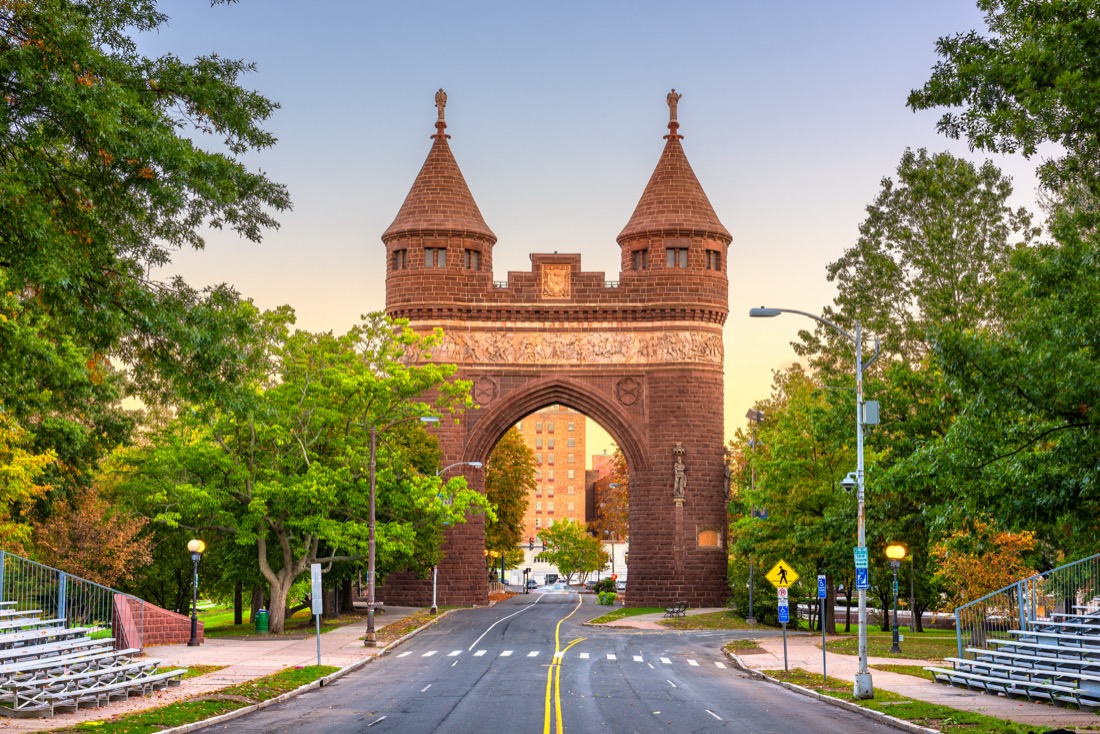 Trees frame the Soldiers and Sailors Memorial Arch in Hartford, Connecticut