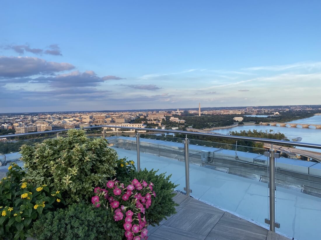 Sunset view across the river of Washington DC seen from a rooftop in Rosslyn Virginia with the Capitol, Washington Monument, Jefferson Memorial, Lincoln Memorial and Kennedy Center with flowers in the foreground