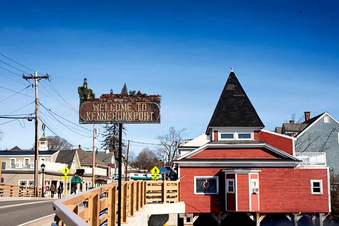 The Kennebunkport sign located on a bridge crossing the Batson River on a cold sunny winter day in Maine New England
