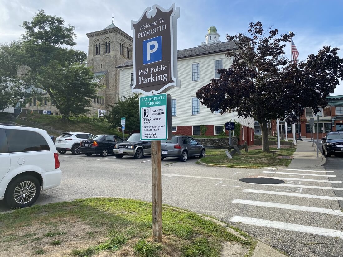 Welcome to Plymouth sign for paid public parking in Massachusetts