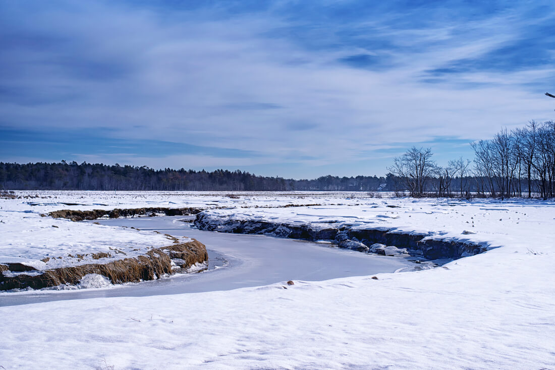 A frozen river in Rachel Carson National Wildlife Refuge in Wells, Maine on a sunny winter day