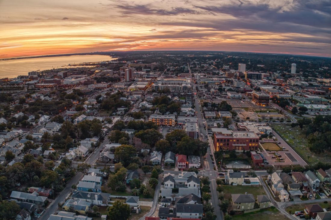 Aerial view of Pensacola, Florida at sunset