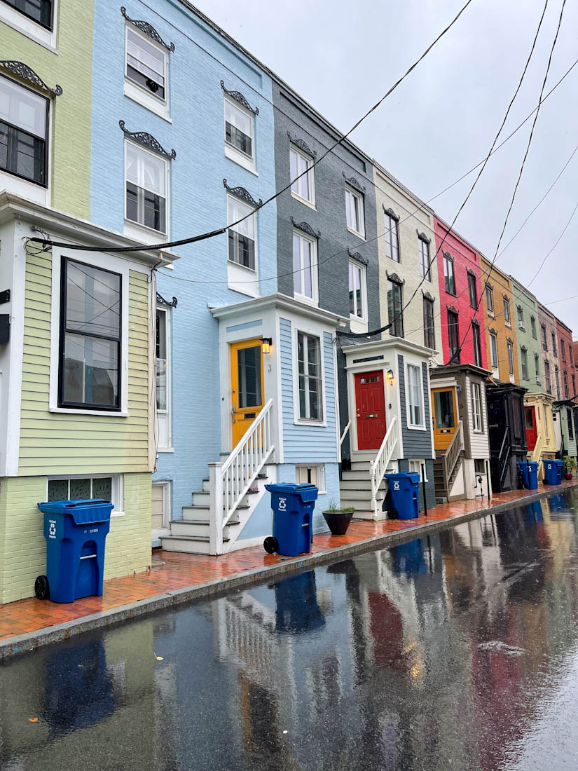 Colorful houses west Portland Maine in rain