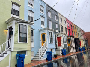 Colorful houses west Portland Maine rain