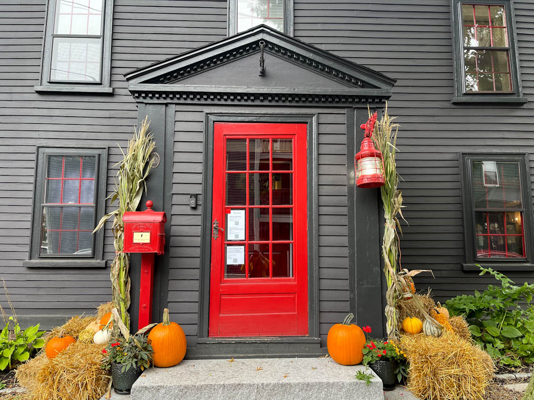 Daniel House red front door fall decor Salem