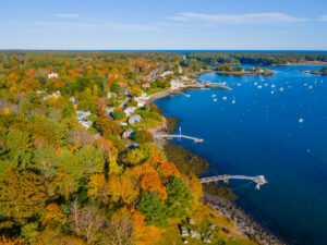 Aerial view of pretty Pepperrell Cove on the Piscataqua River at Portsmouth Harbor in the fall as the leaves are changing