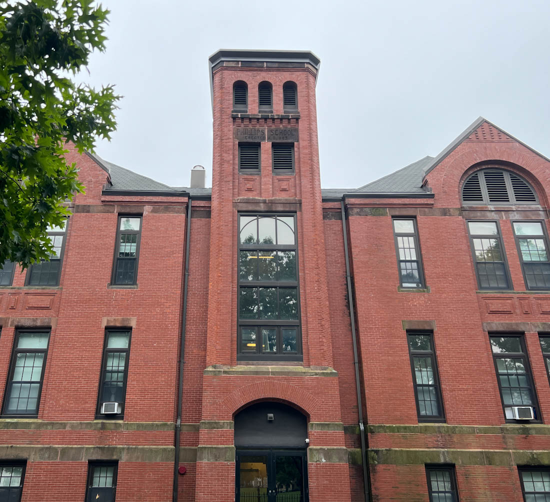 Red brick building called Philips Schoo in Salem used for Hocus Pocus school
