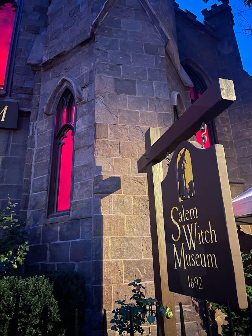 Salem Witch Museum lit up at night in Salem Massachusetts