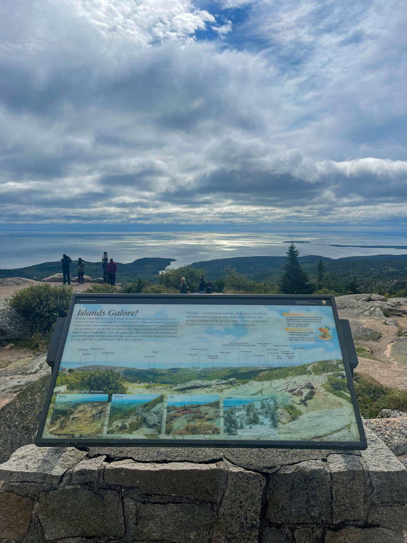 View from Cadillac Mountain summit plaque Acadia National Park Maine