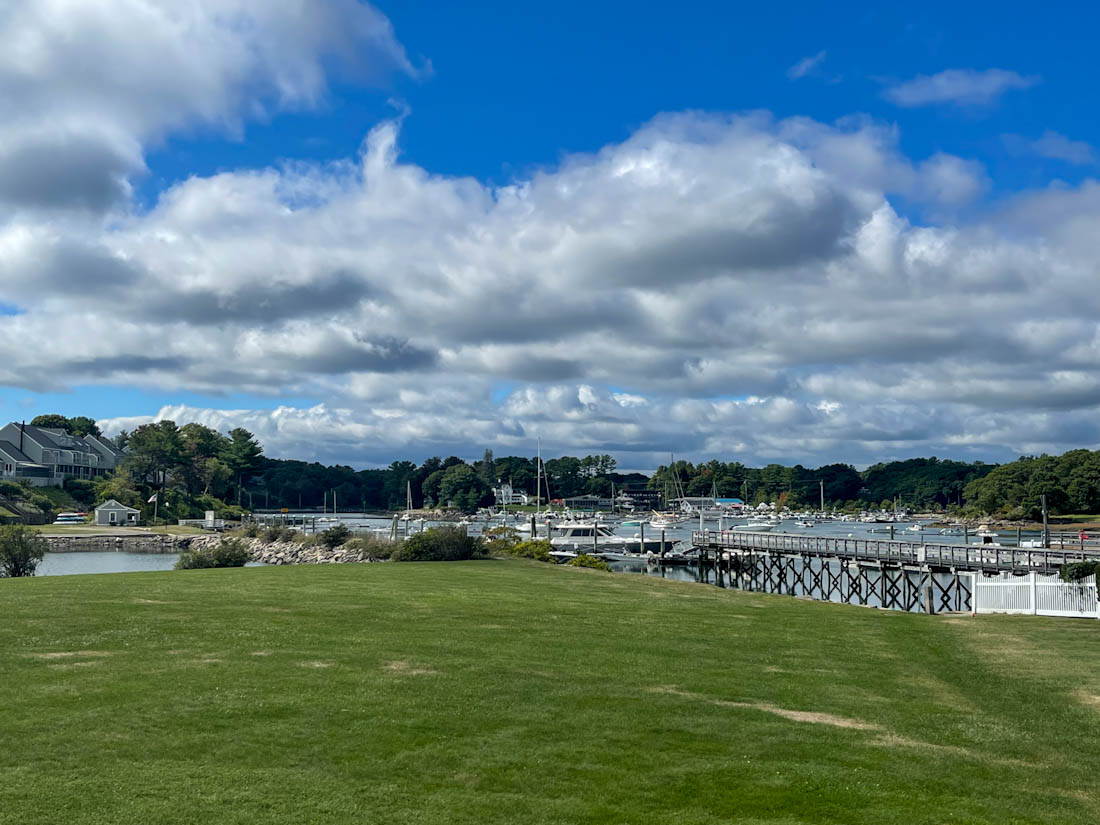View across the grass of York Harbor Beach in Maine