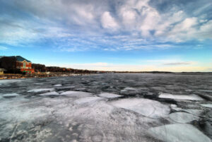 Chunks of ice in a frozen Lake Champlain, seen from Burlington Vermont in winter