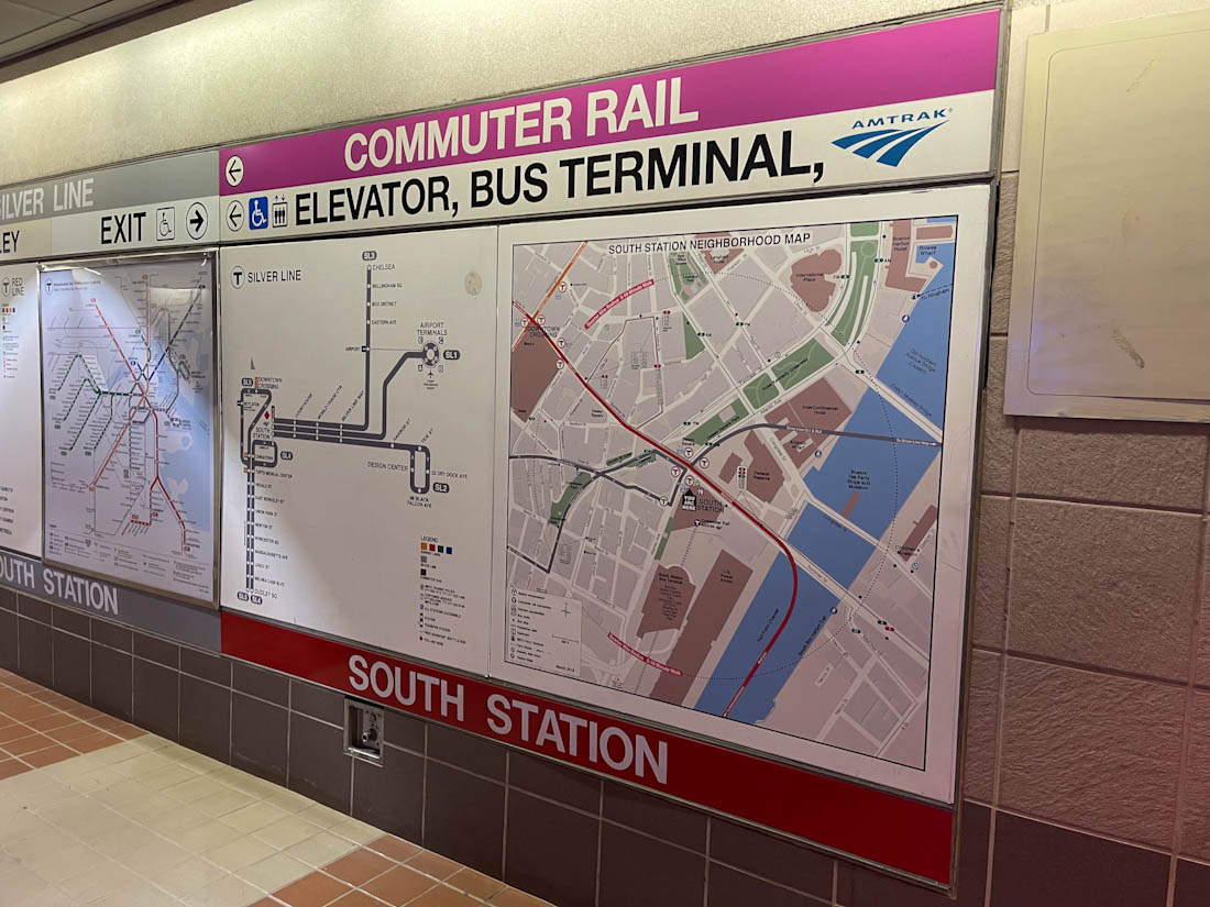 Sign and map for South Station Commuter Rail in Boston