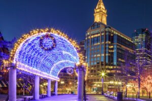 Trellis filed with Christmas lights at Christoper Columbus Park at night, Boston, MA.