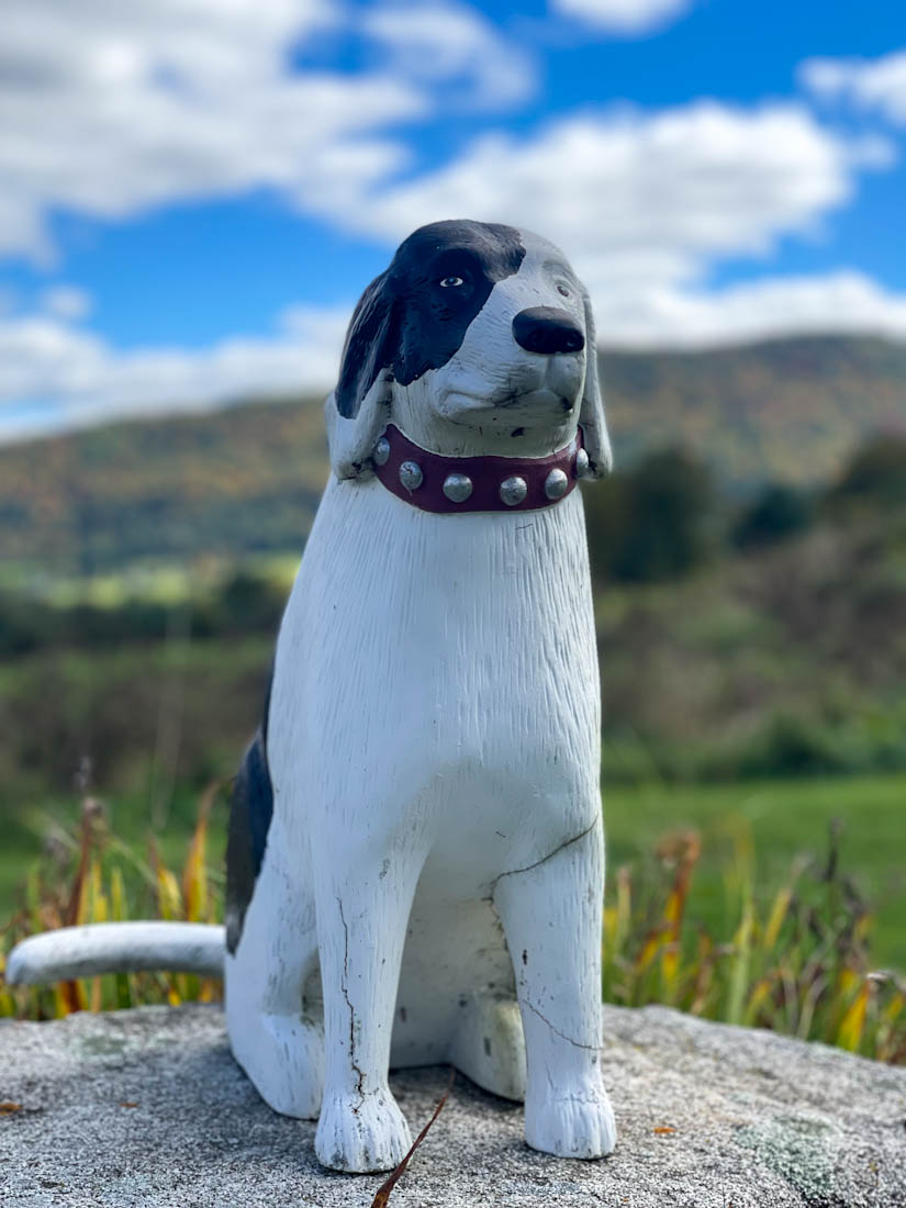 Statue of white and black dog at Dog Chapel Mountain in St Johnsbury Vermont
