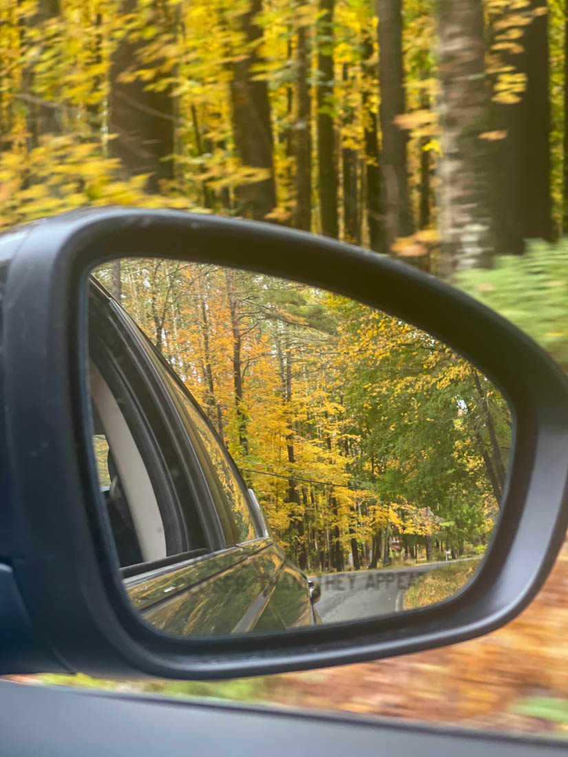 Fall road trip in window Fawn Lake, near Sheffield, Berkshire County, in Massachusetts
