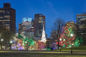 Holiday Lights at Night in Boston, Massachusetts.
