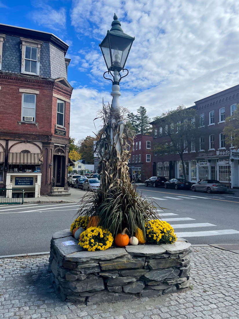 Main Street lamp fall decor Woodstock Vermont