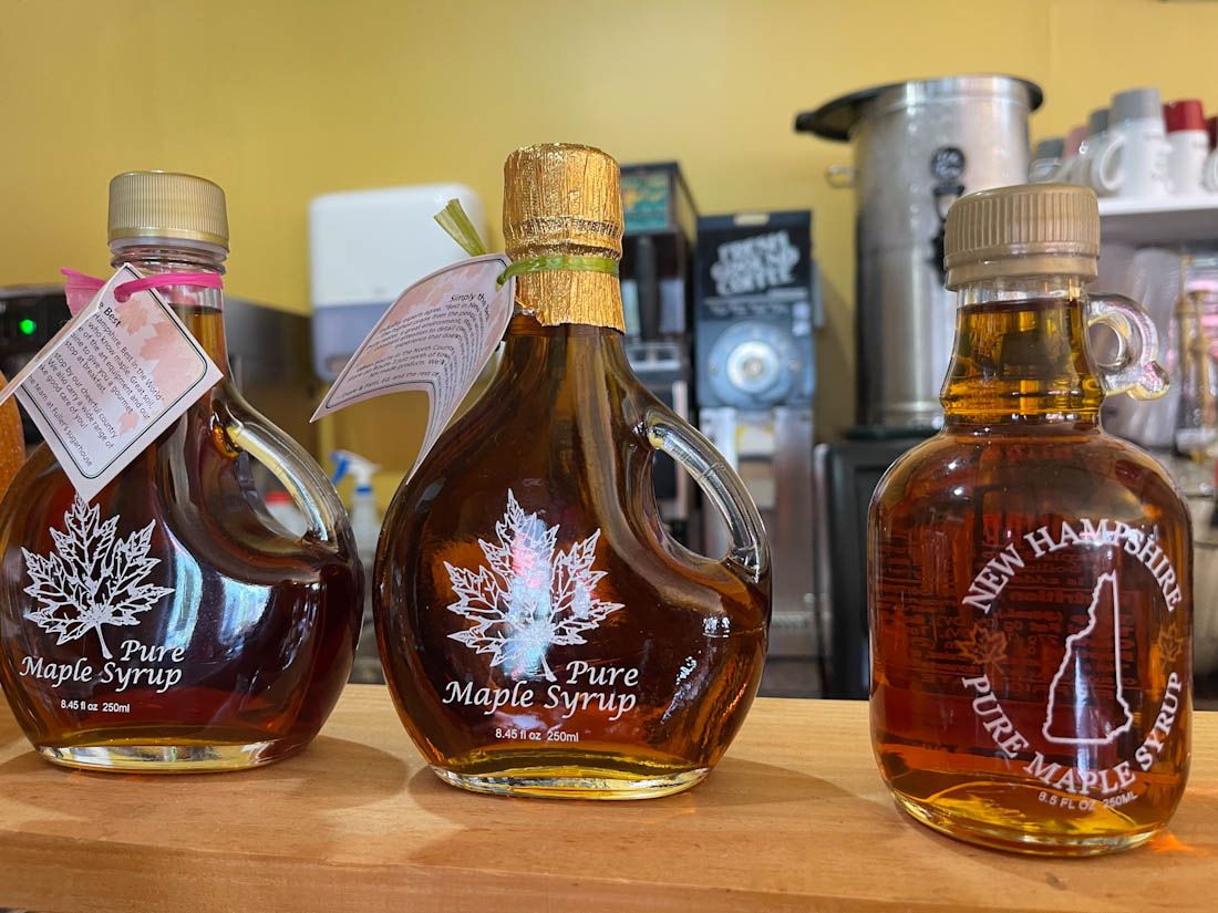 Glass bottles of maple syrup