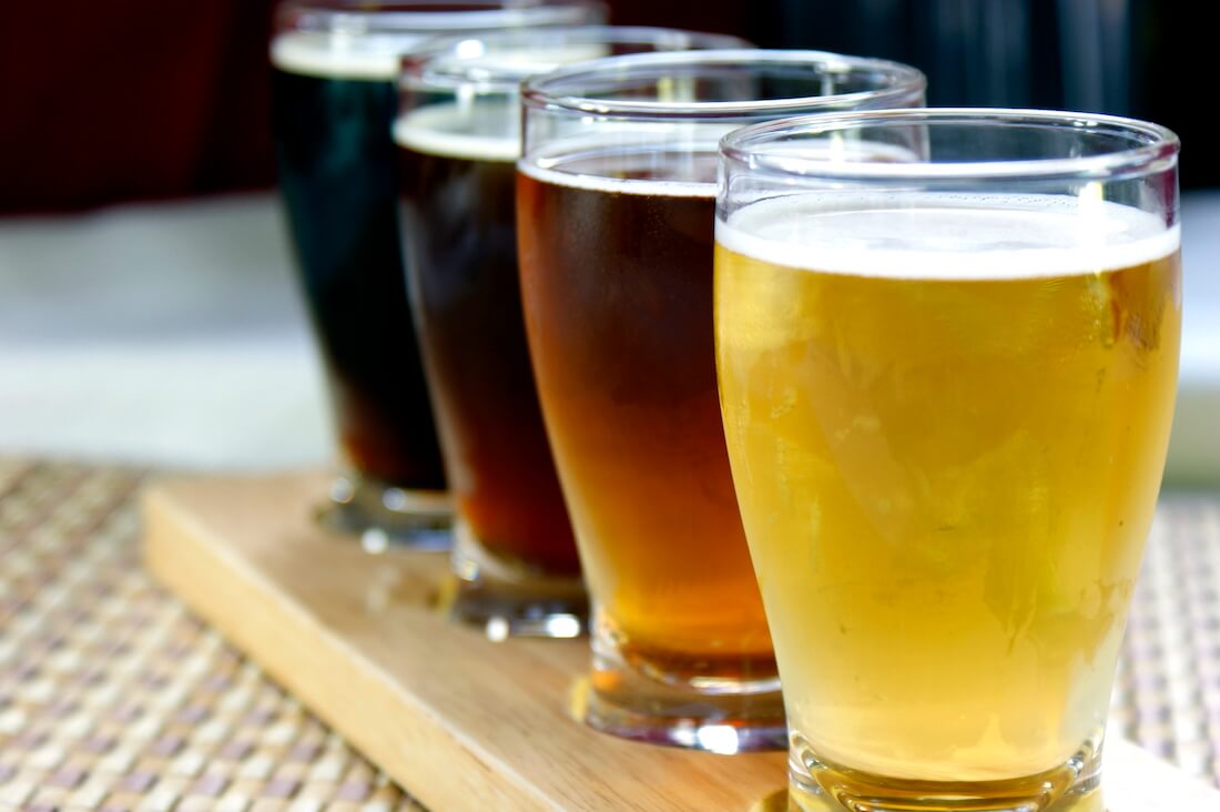 Close-up of four small beers as a sampler