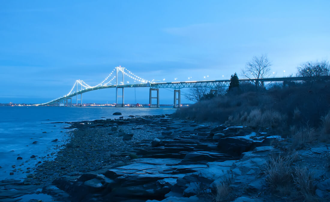 The Claiborne Pell Bridge in Newport Rhode Island at dusk in winter