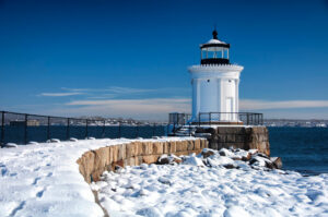 Bug Light in South Portland Maine in winter covered in snow