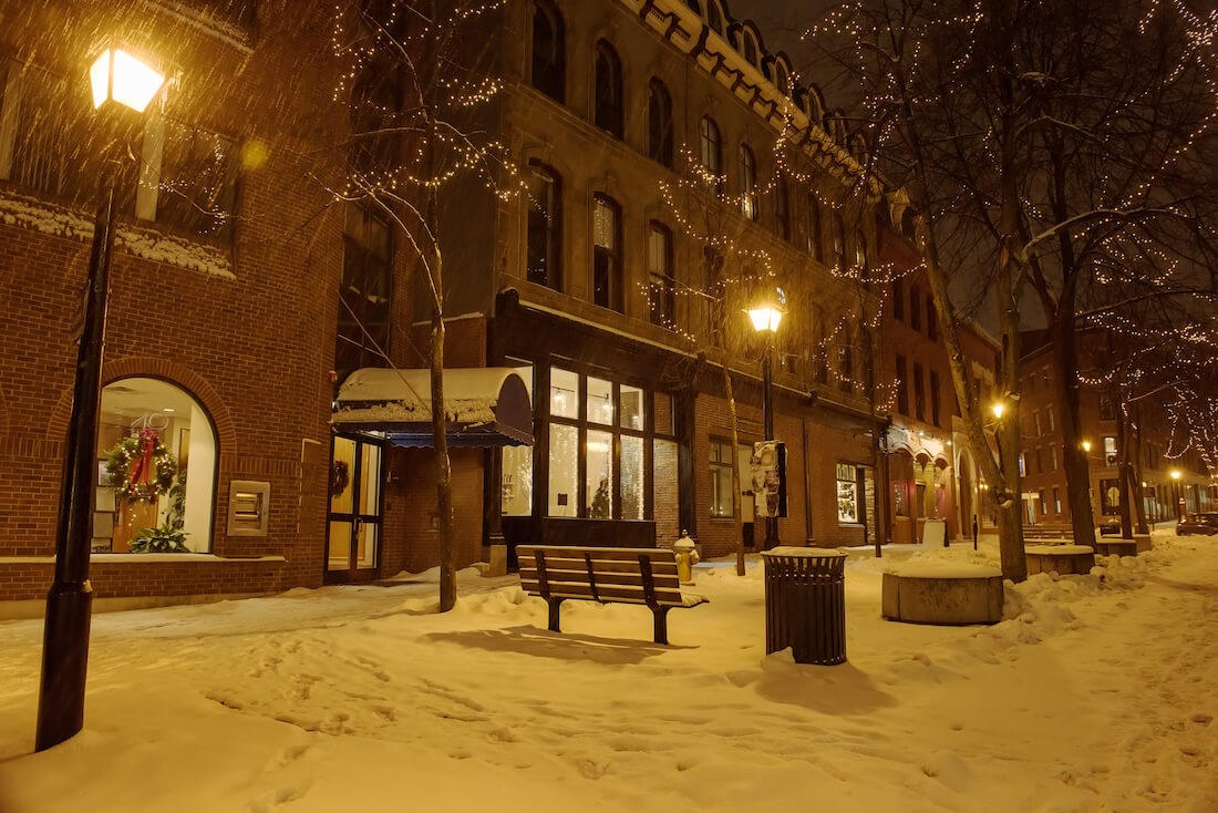 Night streets of Portland Maine in snow in winter