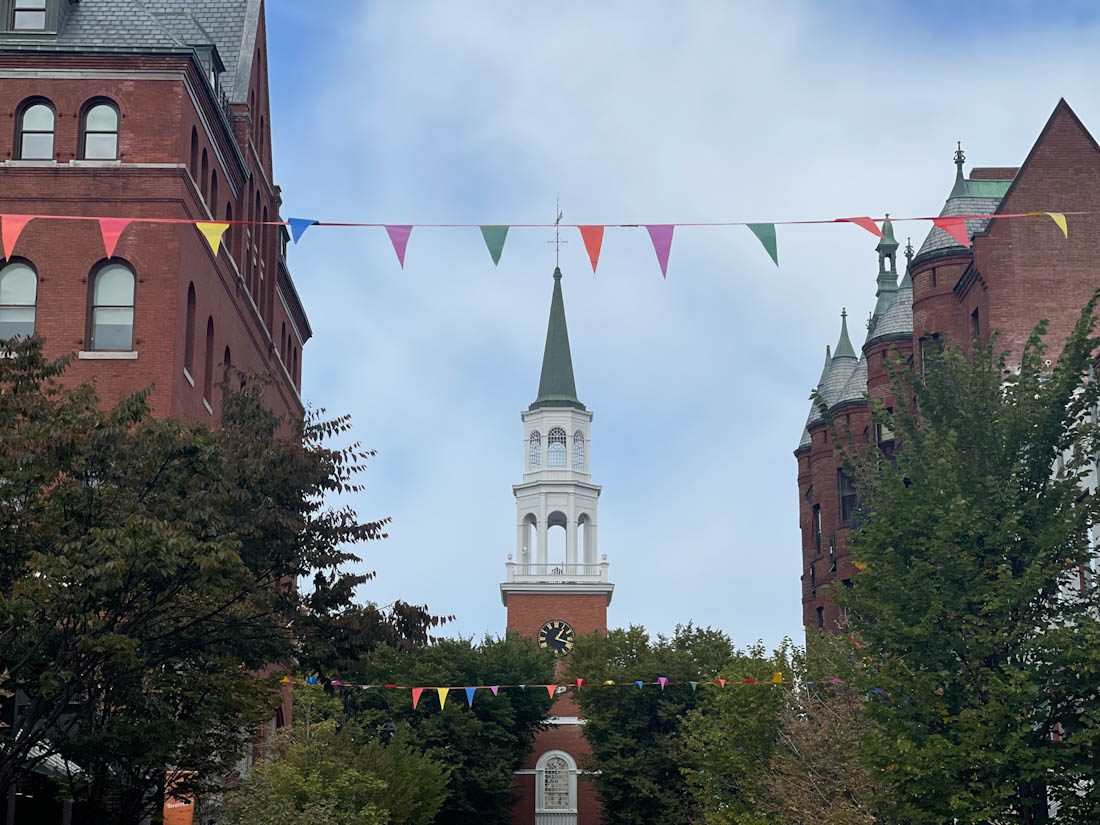 Unitarian Church at Burlington in Vermont with bunting