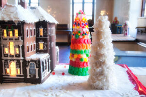 A gingerbread house inside of a kitchen of a mansion at Christmas time in Newport Rhode Island