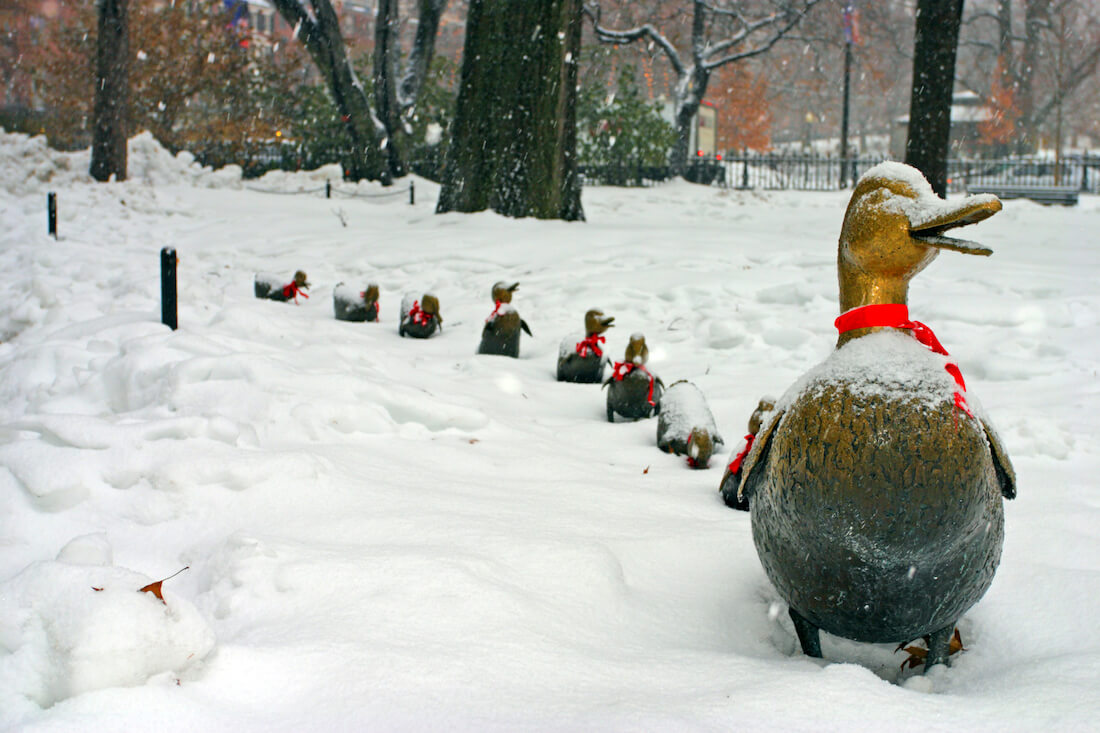 Boston Common Make Way for Ducklings statues in snow