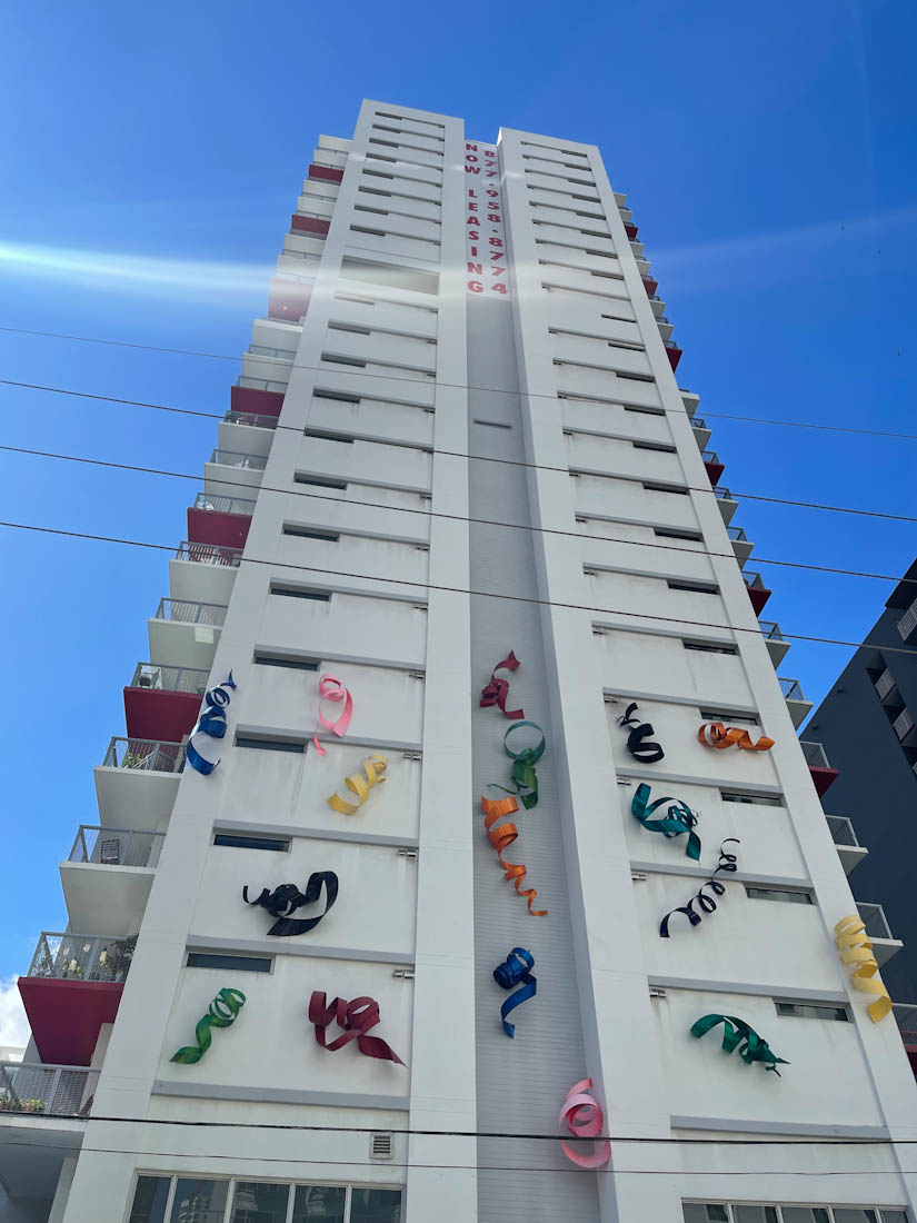 Brickell building with streamers art on it Miami Florida