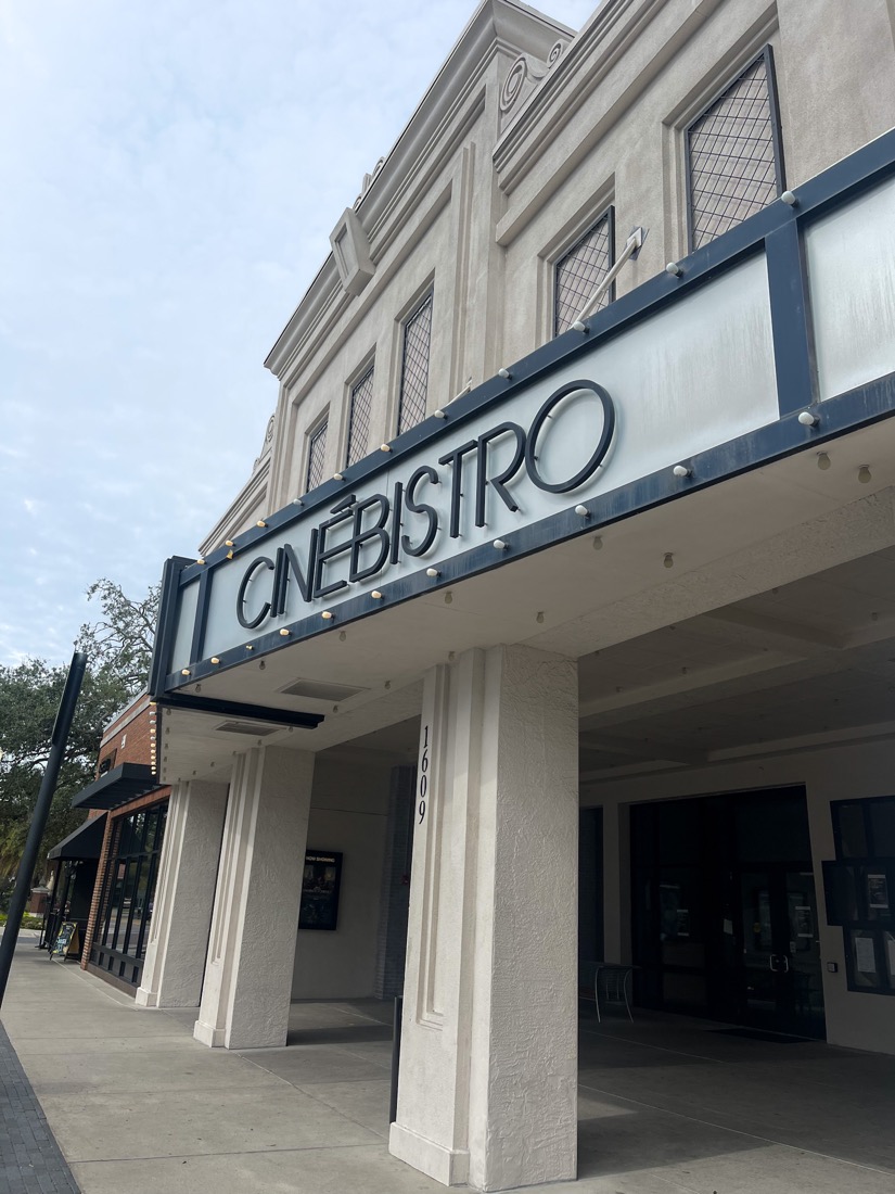 Sign and building of Cinebistro on historic building in Hyde Park Tampa Florida