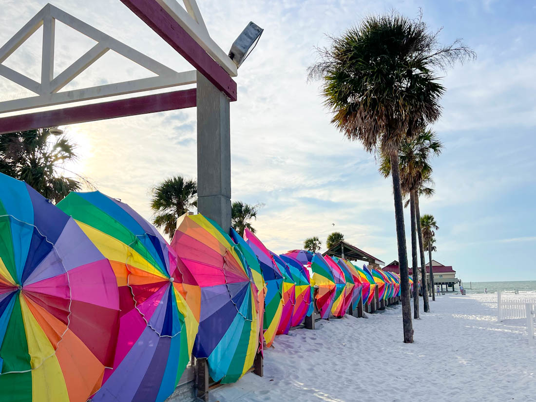 Dusk over Clearwater Beach colorful umbrellas Florida