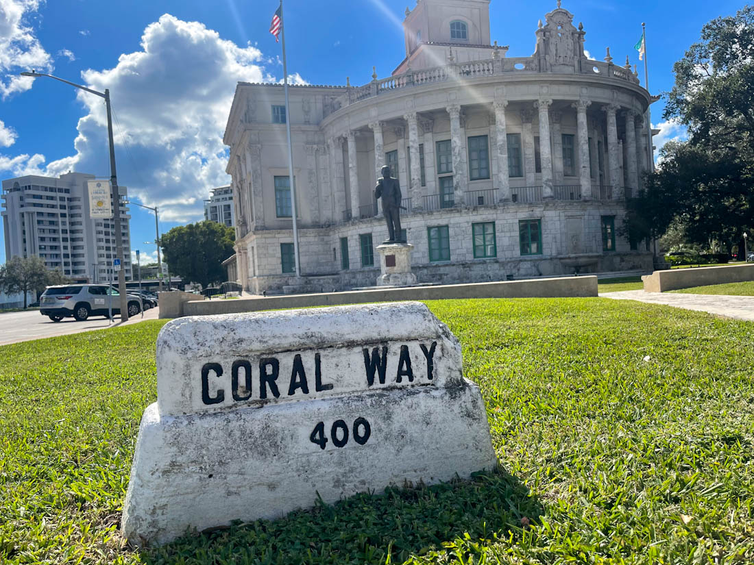 Coral Way sign in front of Coral Gables City Hall Miami 