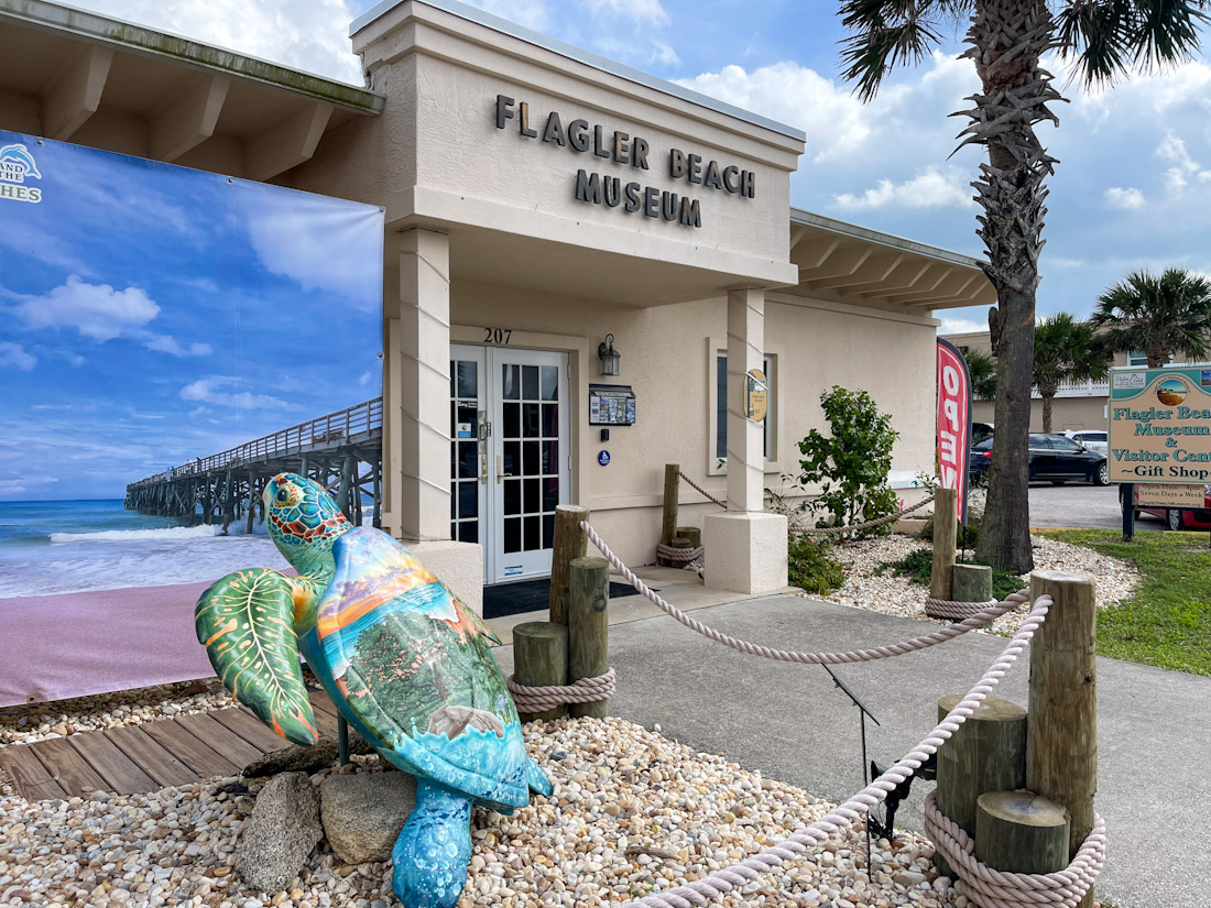 Flagler Beach Museum front with tortoise statue in Florida