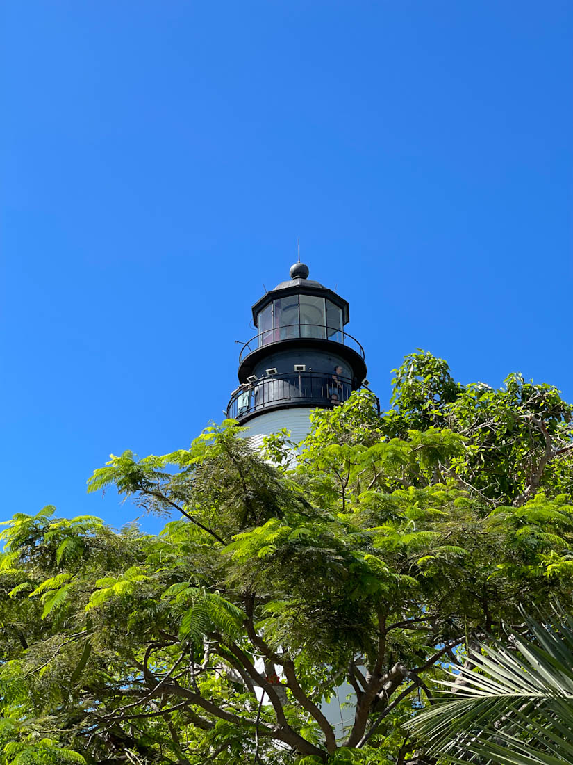 Blue skies, trees frame the Key West lighthouse museum in Florida
