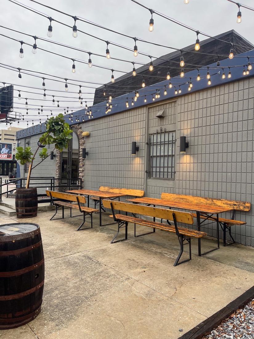 Magnanimous Brewery outside tables with fairy lights in Tampa Florida