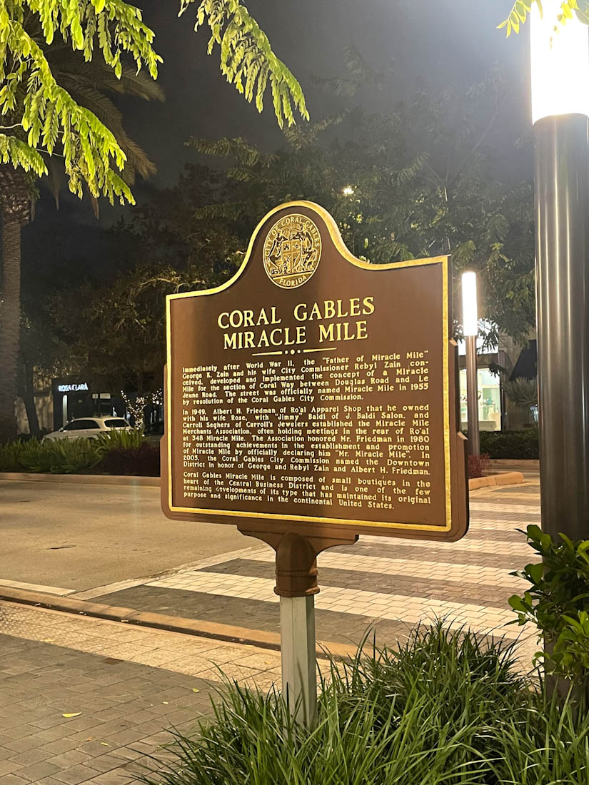 Miracle Mile sign at night Coral Gables Miami Florida
