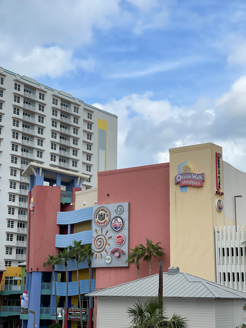 Ocean Walk Shoppes sign on building at Daytona Beach Florida