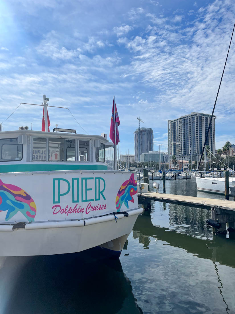 Cruise with Pier Dolphin Cruises logo docked at St Pete Marina in Florida