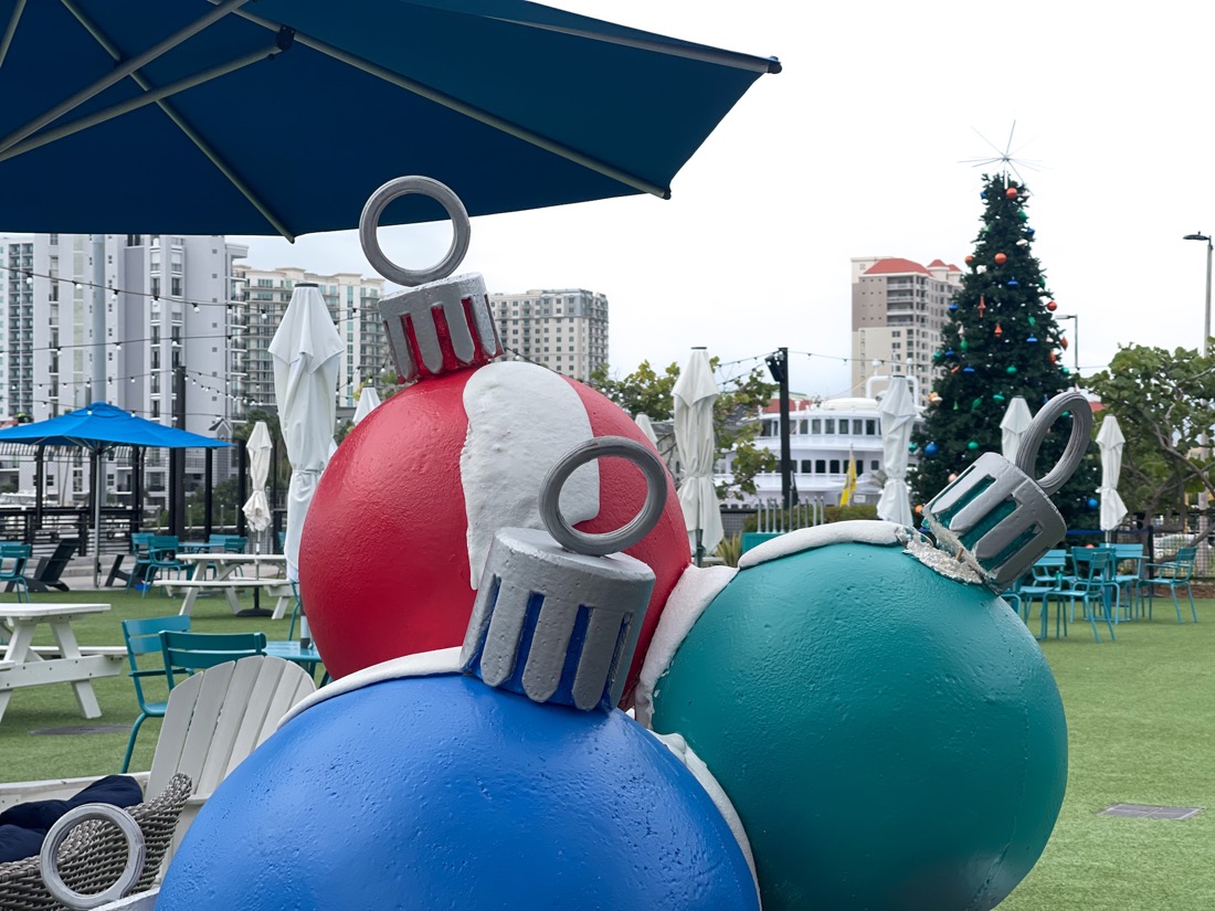 Big bauble ornaments at Sparkman Wharf Tampa 