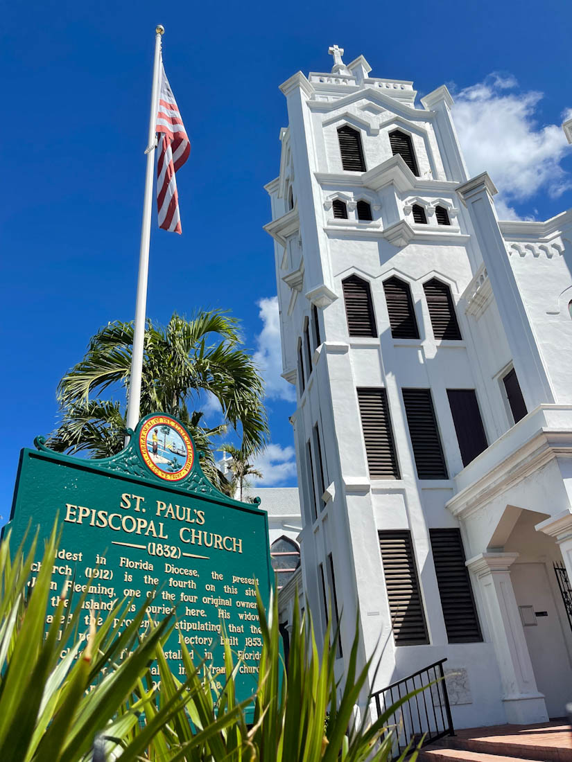 St Paul’s sign and white St. Paul's Episcopal Church in Key West