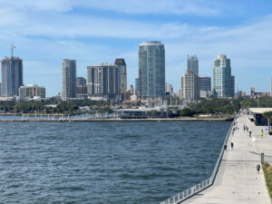 St Pete Pier Tampa Florida buildings in skyline with pier path in view