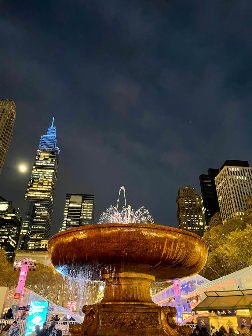 Bryant Park night winter fountain Manhattan NYC New York