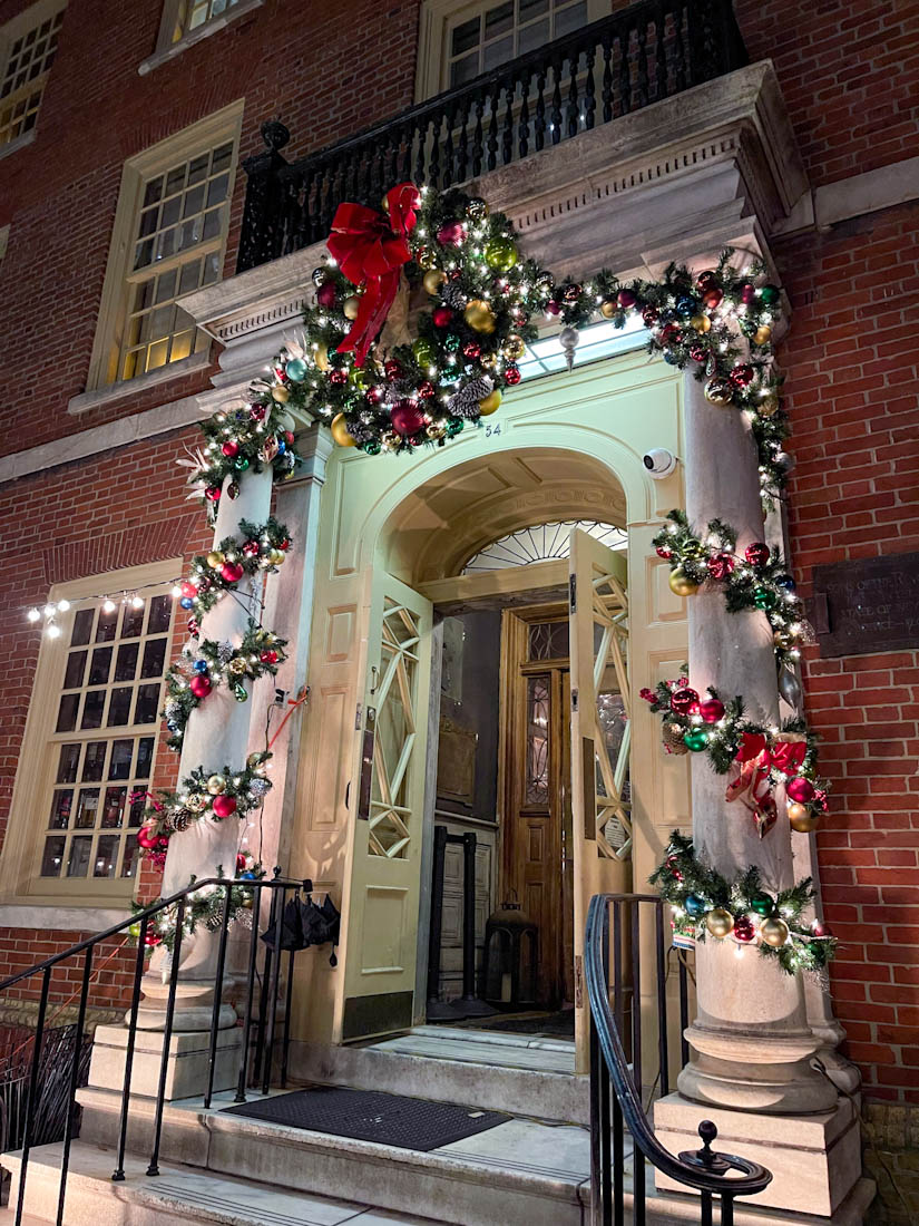 Christmas decor at Fraunces Tavern door in the Financial District Manhattan NYC