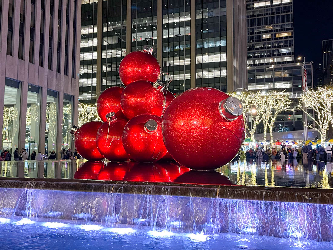 Giant Red Ornaments 6th Ave in NYC