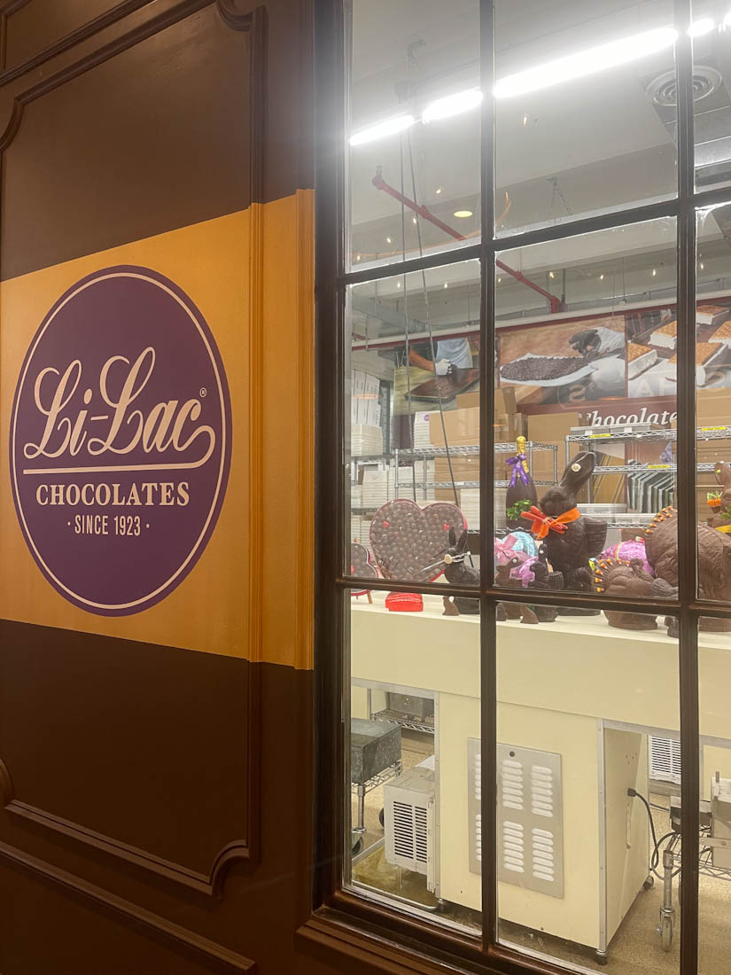 Looking through window of Li-Lac chocolate Industry City Brooklyn