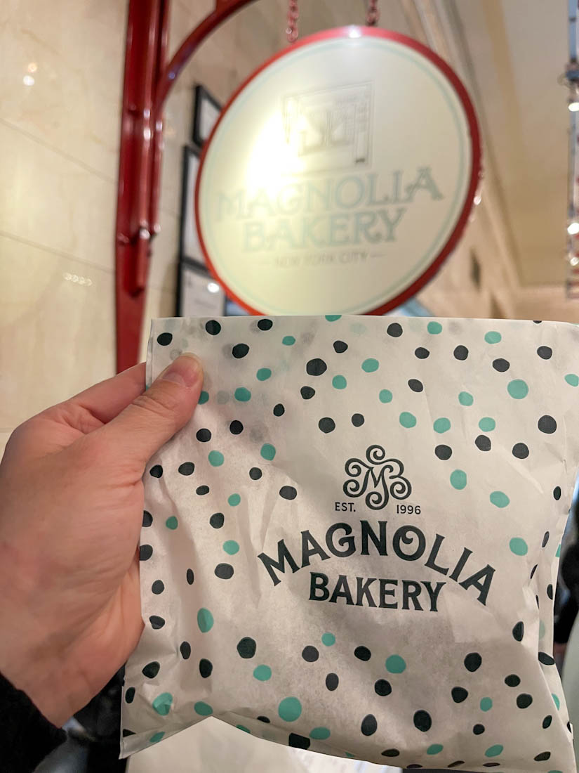 Hand holding Magnolia Bakery bag at Grand Central Terminal NYC