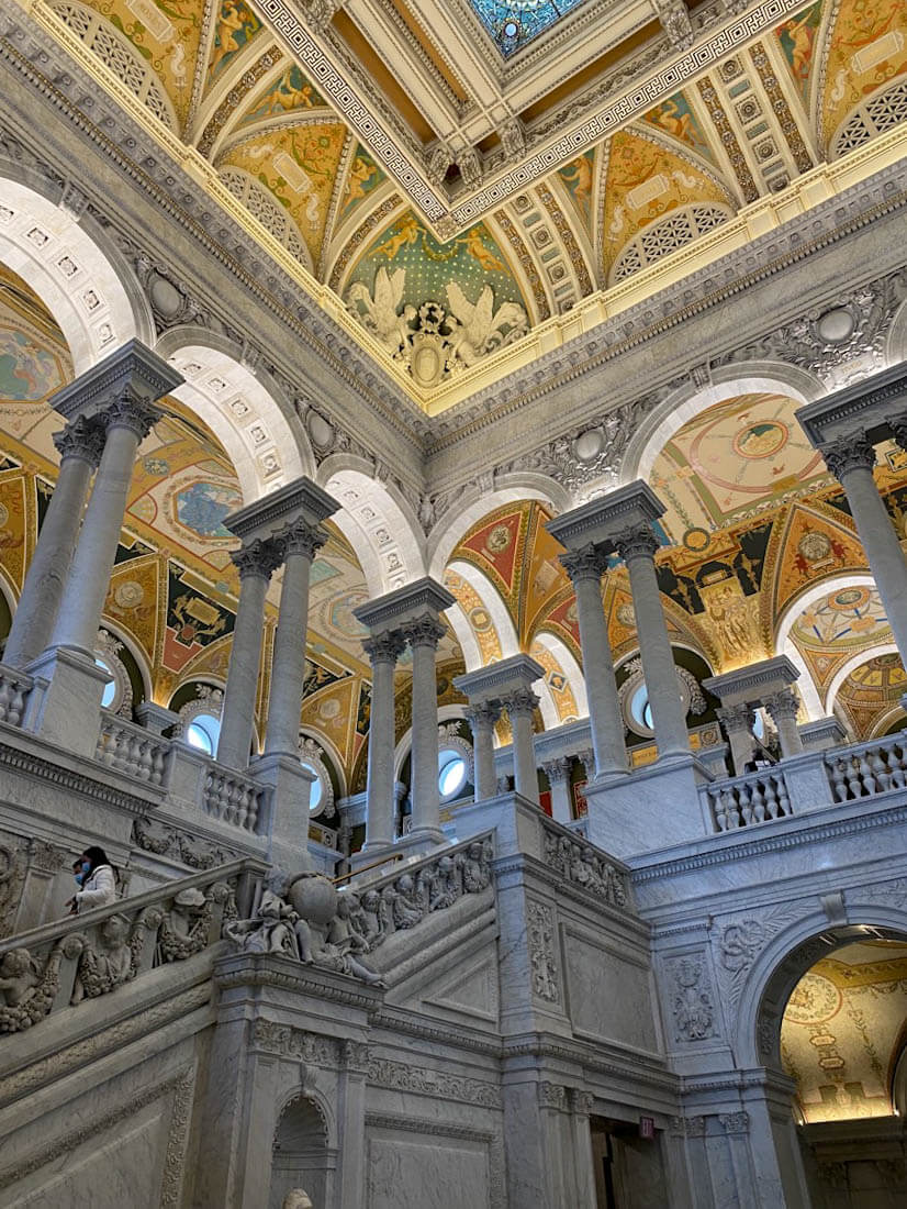 Ornate ceilings and columns at the Library of Congress in Washington DC