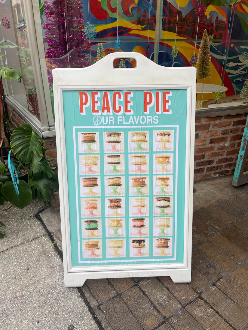 Peace pie sign with icea cream examples on Aviles Street St Augustine Florida